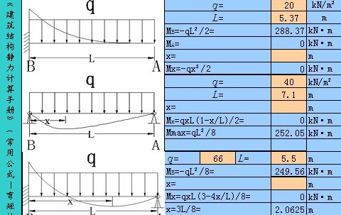 静力学常用弯矩公式EXCEL版_图1