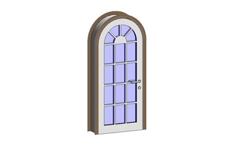 平开门-铝合金单扇木格子玻璃门（圆顶）_图1