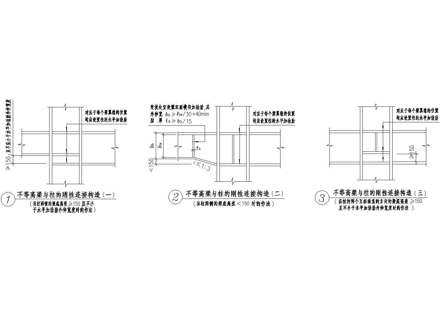 不等高梁与柱的刚性连接节点构造详图（cad，3张图纸）