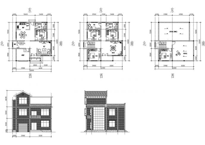3层：长11米 宽11米 农村房屋建筑方案设计图【各层平面 立面】_图1