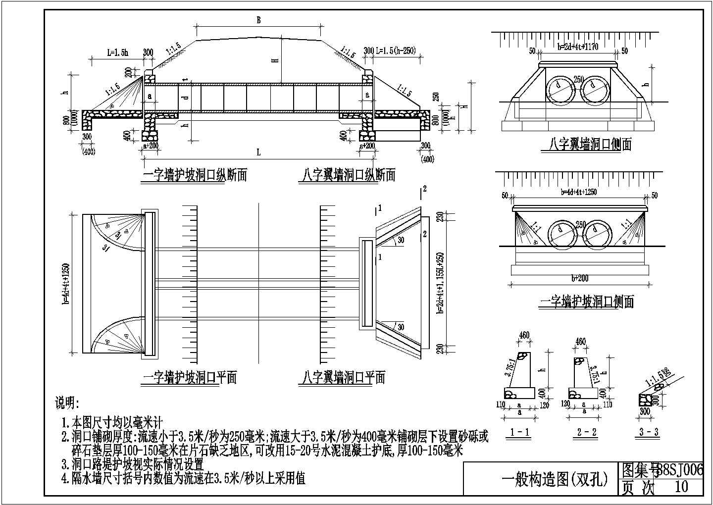 钢筋混凝土圆管涵洞一般构造(双孔)节点详图设计