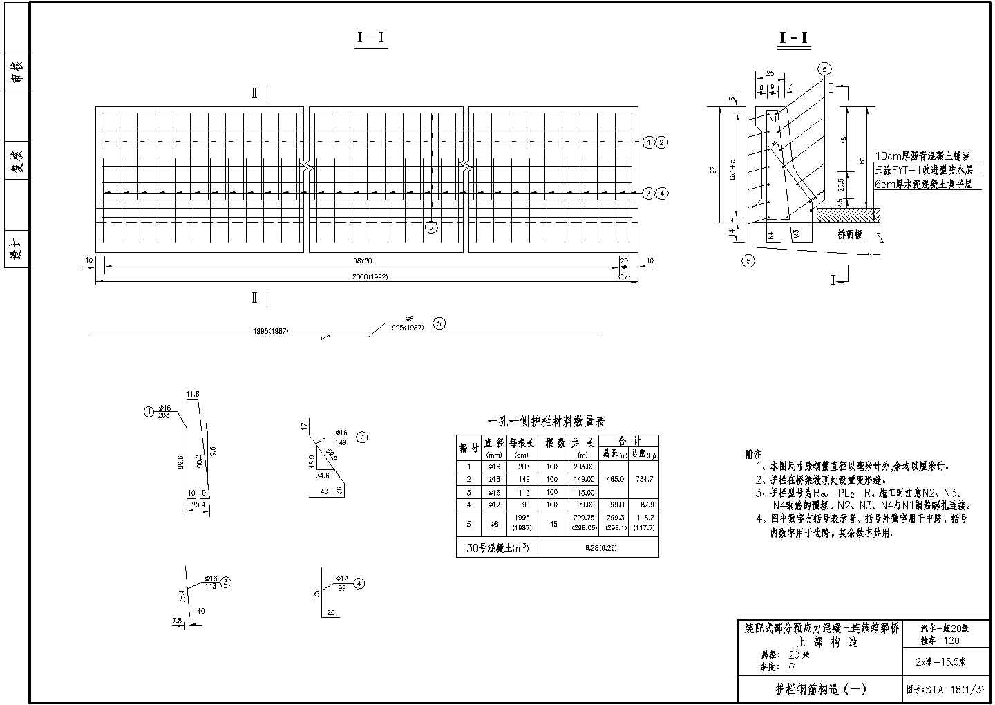 20m预应力混凝土连续箱梁墙式护栏钢筋构造节点详图设计