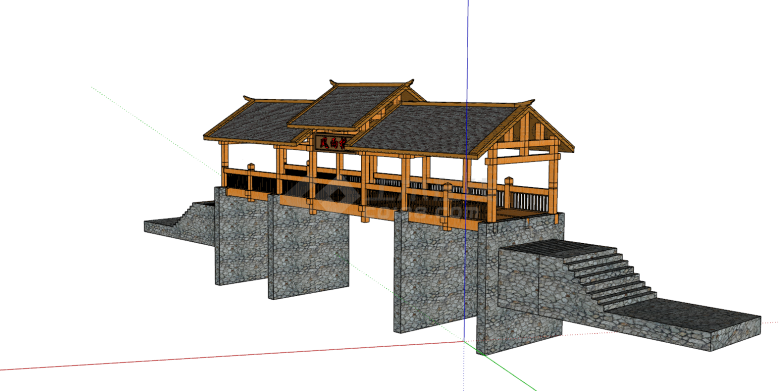 中式石制木制多材料廊桥su模型-图一