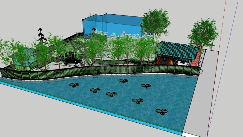 大型现代带车库水池庭院花园su模型 -图二