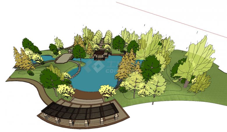 大型带水池庭院花园su模型 -图一