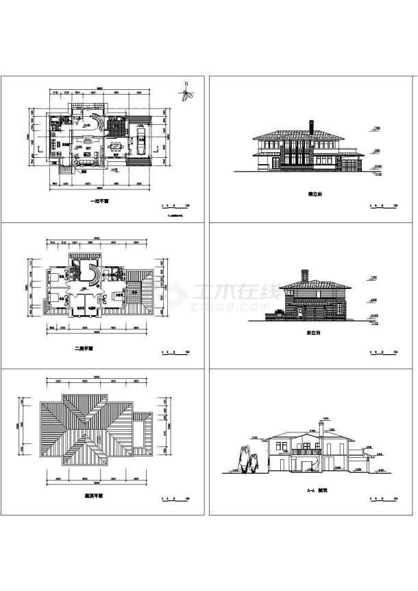 2层高档私人别墅住宅建筑设计CAD施工图（含屋顶平面图）-图一