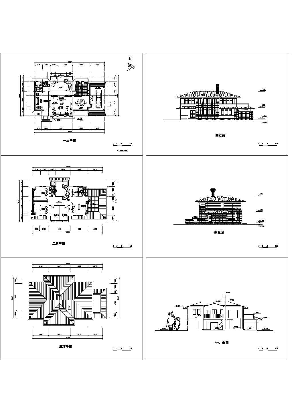 2层高档私人别墅住宅建筑设计CAD施工图（含屋顶平面图）