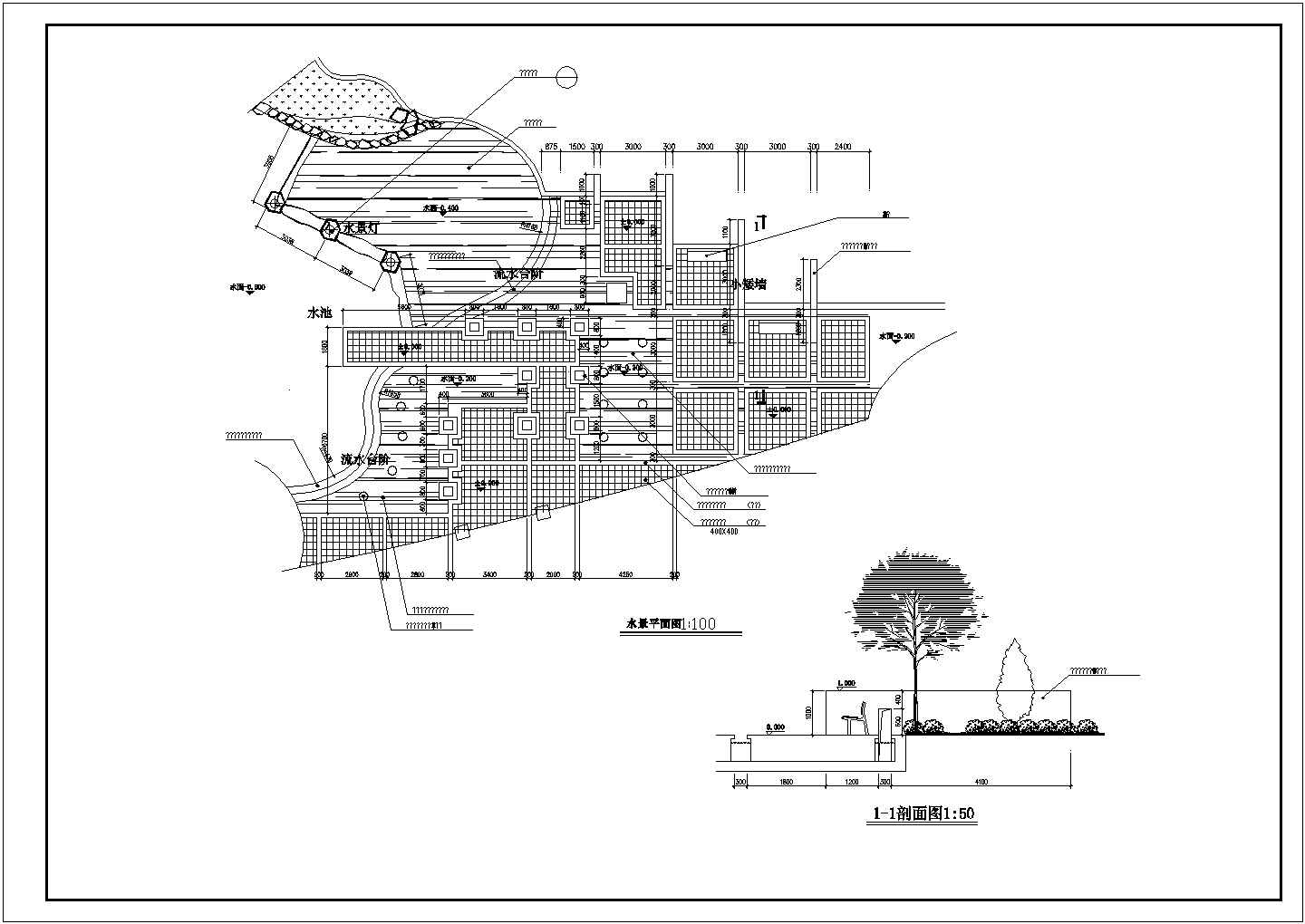 广场水景平面图 树景剖面设计图