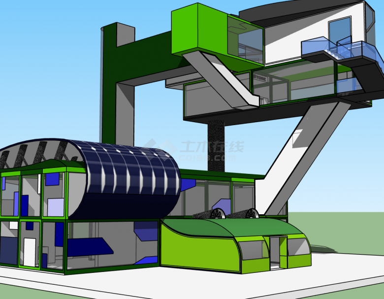 中型未来感太阳能集装箱改造民宿餐厅su模型-图二