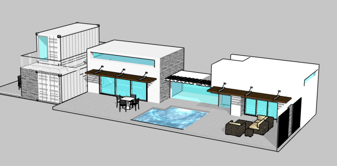 中型蓝白色现代化集装箱改造民宿餐厅su模型_图1