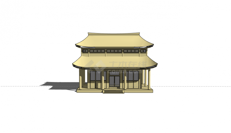 黄色双层古代大殿建筑su模型-图二