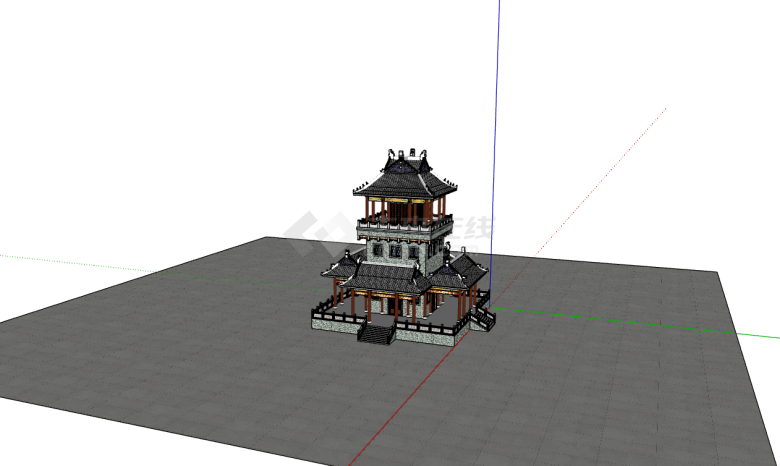 中式方形基地双层红柱塔su模型-图二