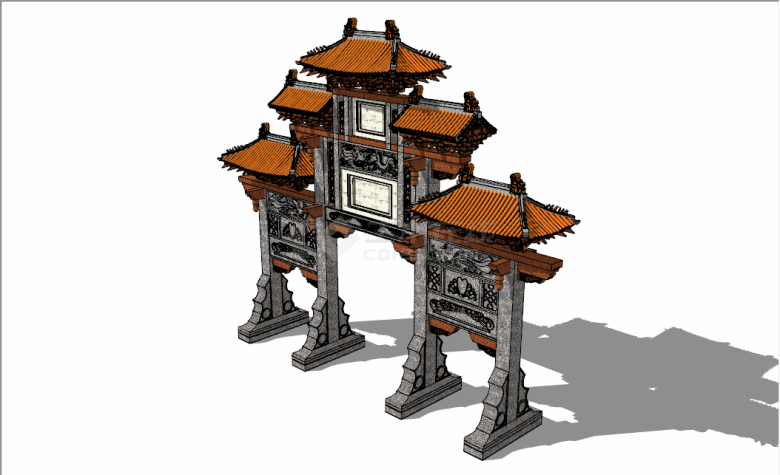 新古典中式传统重檐三开间牌坊su模型-图二
