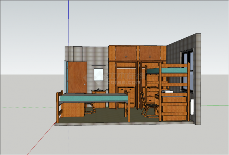 现代木质简约小空间学生租房宿舍上下铺房间su模型-图二
