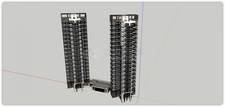两栋中间连廊高层住宅su模型-图一