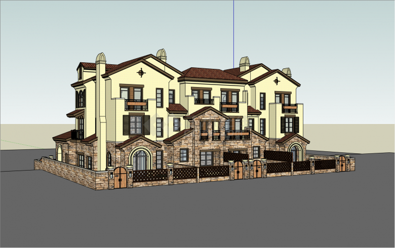 独特石砖装饰西班牙风格洋房su模型-图一