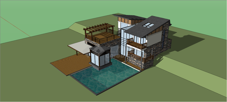 现代风两层带泳池独栋别墅su模型-图一