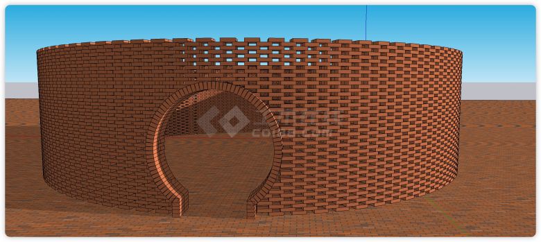 圆形镂空红砖矮墙建筑su模型-图一