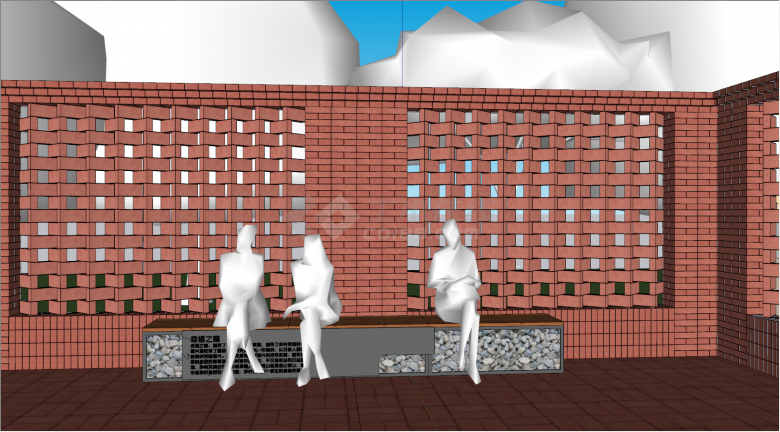 特色镂空红砖矮墙建筑su模型-图二