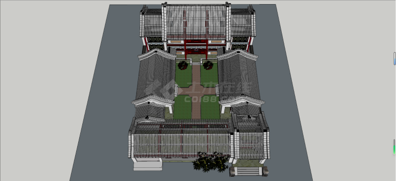 中式带庭院四合院别墅su模型-图二