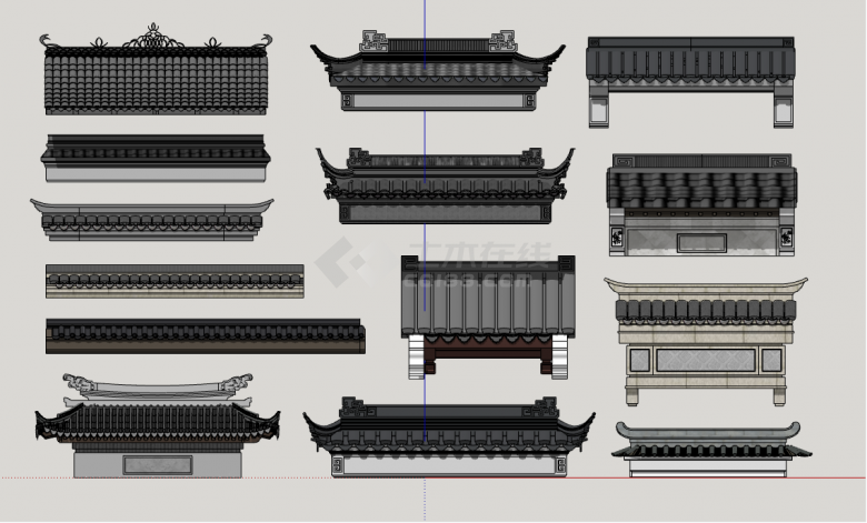 中式建筑门头构件屋檐组合su模型-图一