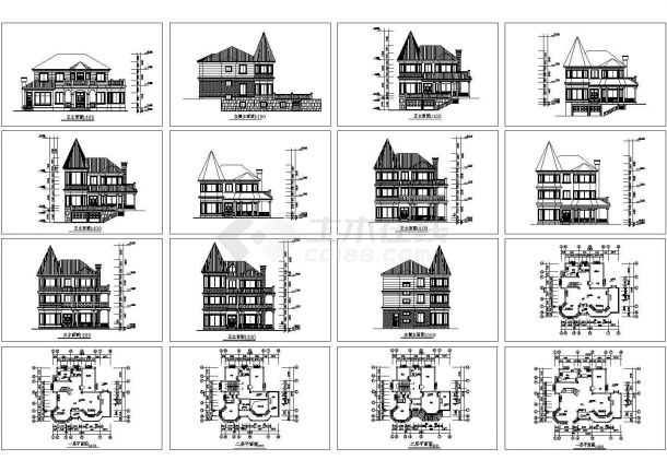 某三层欧式风格别墅建筑施工CAD图纸，共15张图纸-图一