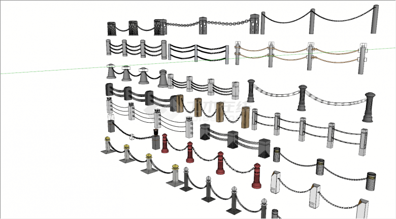 多种铁索绳索栏杆石墩su模型-图二