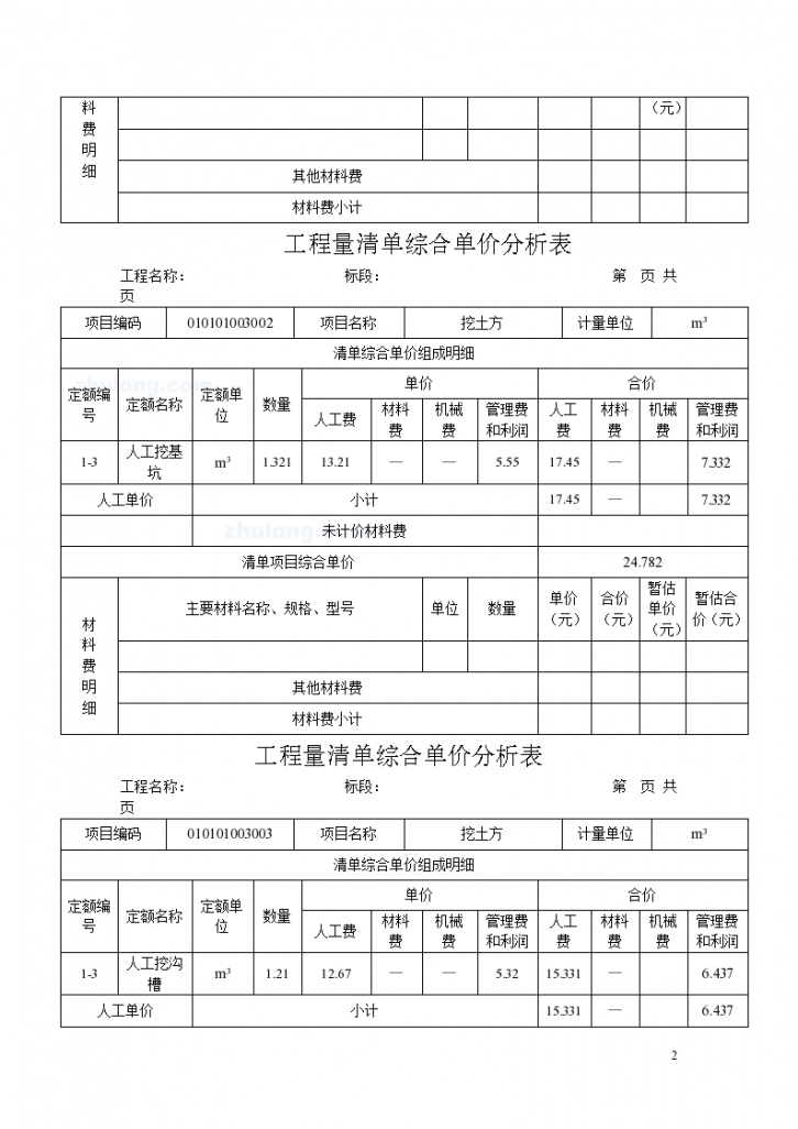 框架结构工程量清单综合单价分析表-图二