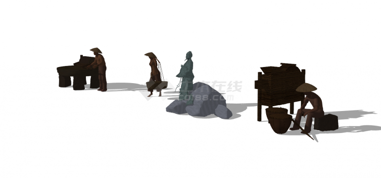 中式市井民俗人物铜人雕塑su模型-图一