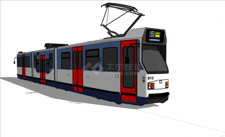 蓝红白三色现代风格有轨电车su模型-图二