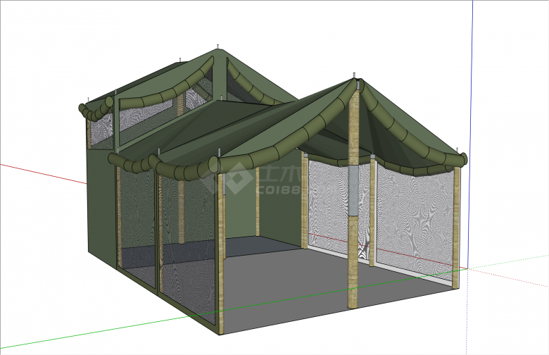 两个拼接绿色露营帐篷su模型-图二