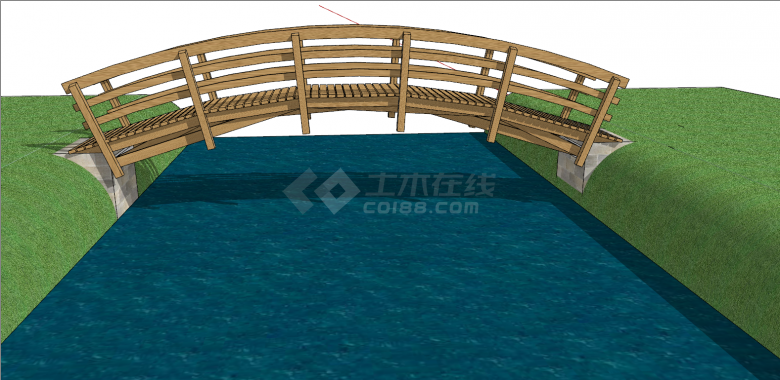 河流从草坪木制拱桥su模型-图一