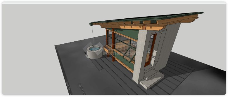 绿色瓦顶单人间建筑su模型-图二