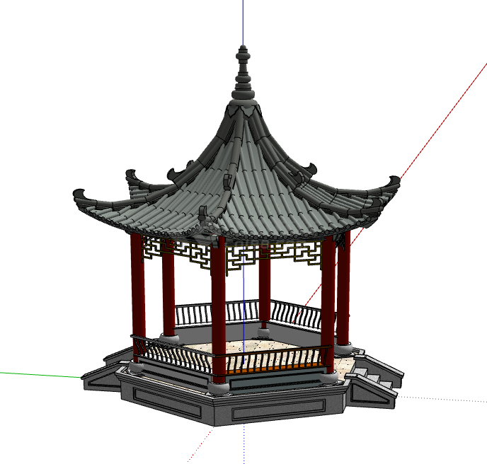 复古红柱子中式景观亭 su模型-图二