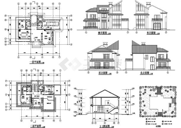 长17.1米 宽12米 2层别墅建筑方案设计图【各层平面 4立1剖 总平面】-图一