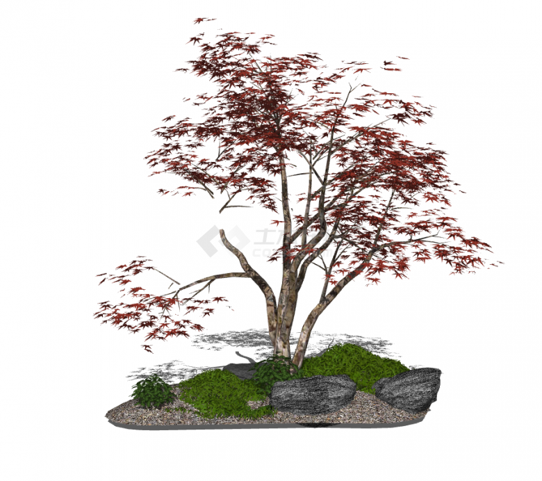 新中式红色景观树建筑su模型-图二