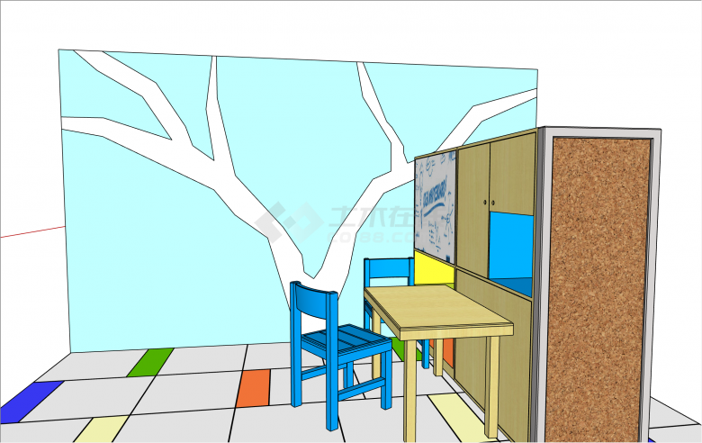 简约实木彩色儿童家具桌椅su模型-图二