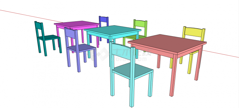 现代彩色方形儿童桌椅组合su模型-图二
