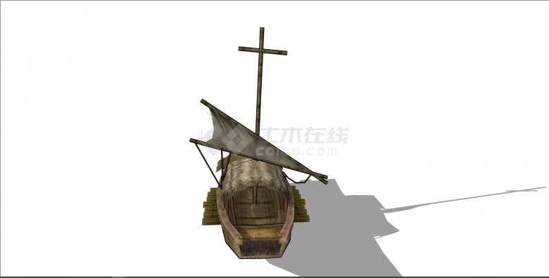 中式带干草顶木制船su模型-图一
