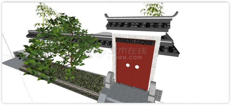 红色门古典庭院大门围墙su模型-图二
