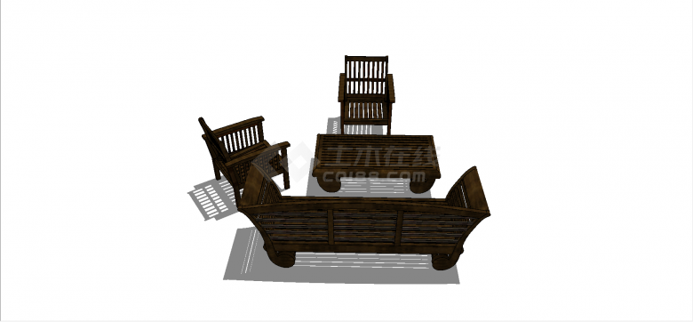 中式木条拼接式长椅长桌两小椅su模型-图一