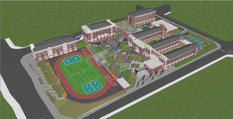 现代大型红白墙砖学校建筑su模型-图二