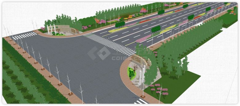大型马路道路公路绿化带su模型-图一
