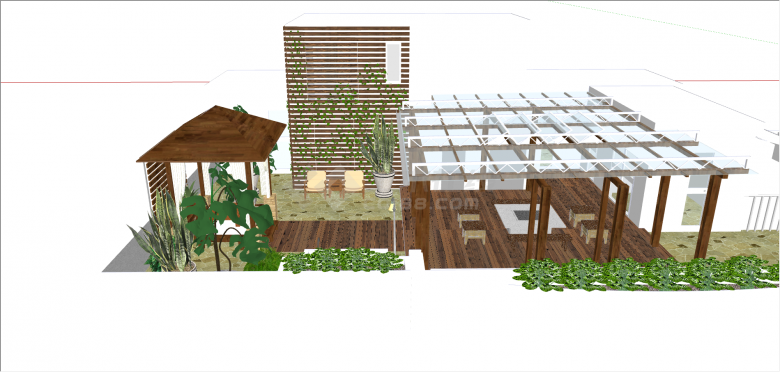 现代多绿植带木制地板的屋顶花园su模型-图二