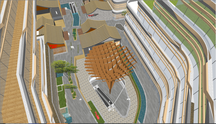 带一层中式建著的门市跟高楼楼顶带大平台的繁华商业街 su模型_图1