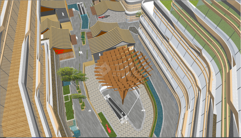 带一层中式建著的门市跟高楼楼顶带大平台的繁华商业街 su模型-图一