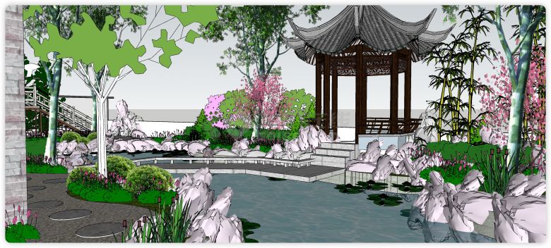 中式风格别墅庭院景观SU模型-图二