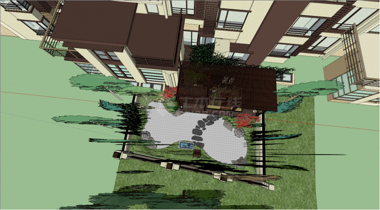 日式石板路风格小院庭院景观SU模型-图二