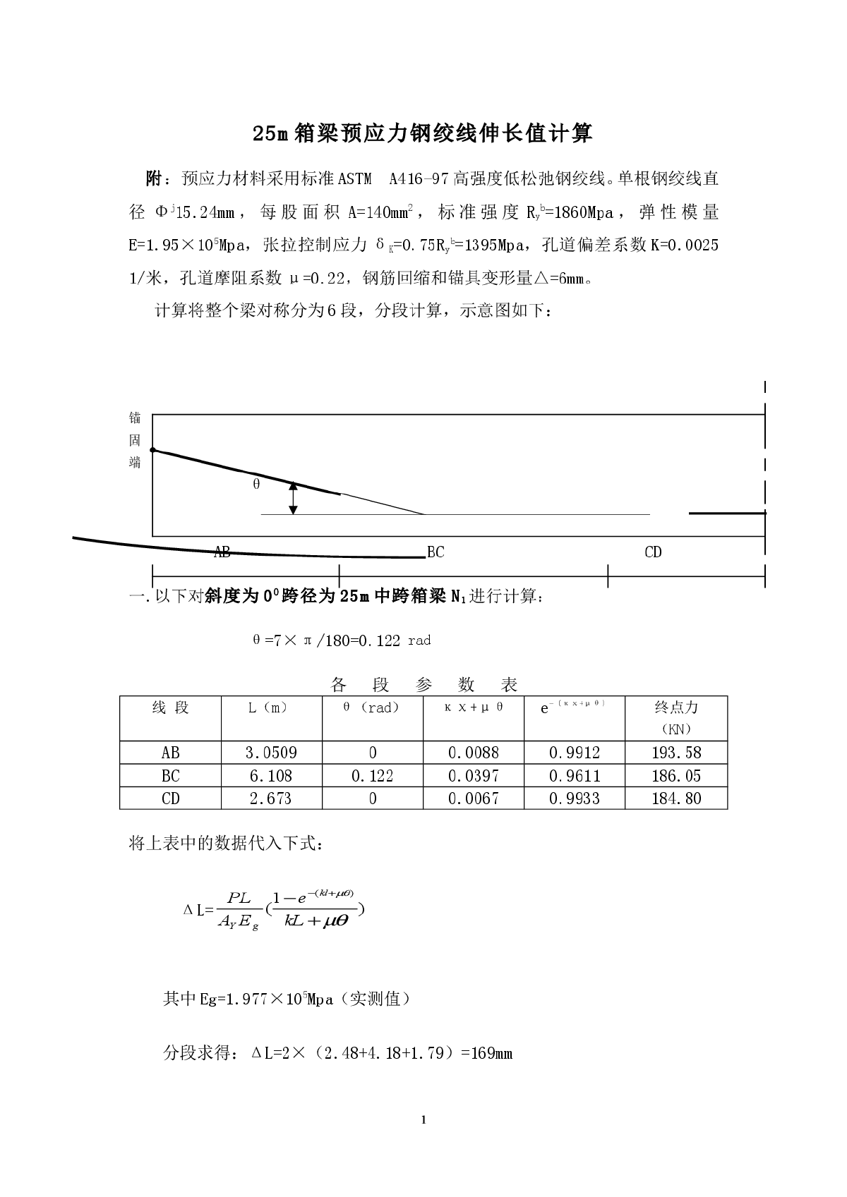 25m箱梁预应力钢绞线伸长值计算实例-图一