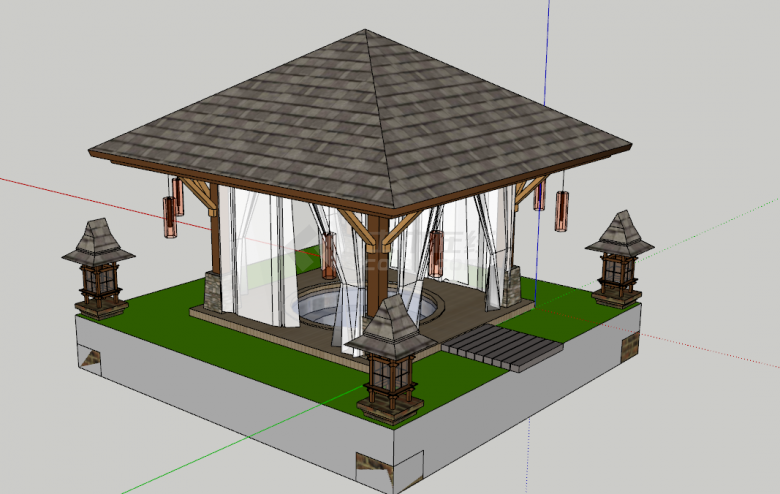 东南亚风格亭子温泉su模型-图二